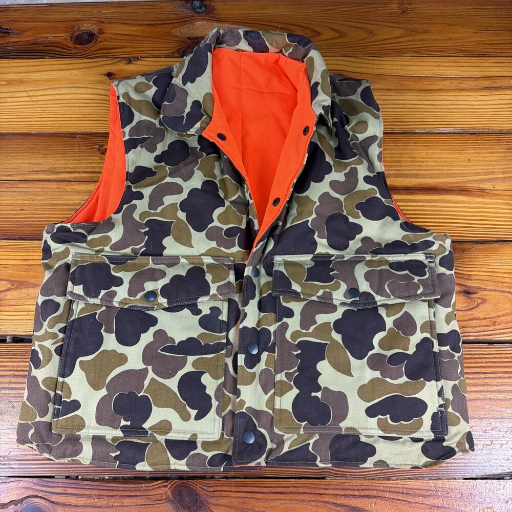 Vtg Duck Camo 80s/90's Puffer Vest Reversible Orange Insulated Sz M Thick/Heavy